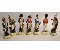 Group of seven 20th century porcelain figures of Napoleonic period military persons and others,