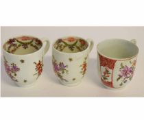 Collection of three Lowestoft cups, one decorated in tulip painter fashion within brick red