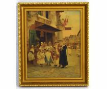 19th century French school, oil on board, Figures conversing on the Marche de Servantes, 26 x 20cms