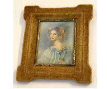 Tris, signed 20th century oil miniature, half-length portrait of a young lady in blue dress, 9cms