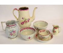 Group: seven pieces English hand painted pottery including coffee pot (no lid), two jugs, tea bowl