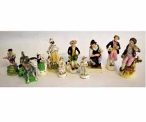 Collection of Staffordshire figures and a Staffordshire cow creamer, largest 19cms high (10)