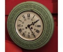 Late 19th/early 20th century painted steel cased wall clock, the circular surround with pale green