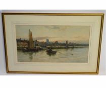 L Ramus, signed watercolour, Harbour scene with fishing boats and figures, 30 x 56cms