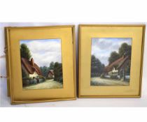 W Wray, signed pair of watercolours, Country cottage and street scene, 29 x 22cms (2)