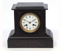 Late 19th century black slate mantel clock, the plinth shaped case with gilt highlights to a cast