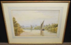 William J Coman, signed watercolour, Broads scene with wherry, 35 x 51cms