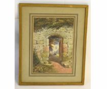 W Chase, signed watercolour, Figures viewed through an ancient gateway, 27 x 18cms