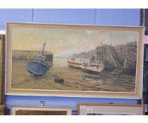 James Wright, signed oil on canvas, Harbour scene with fishing boats, 44 x 90cms