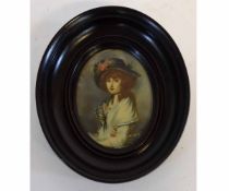 Kris signed 20th century oil miniature, half-length portrait of a young lady with floral bonnet,