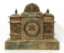 Early 20th century green onyx and gilt brass mounted mantel clock, the architectural case with