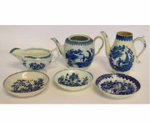 Group of six early Worcester blue and white wares including tea pot and coffee pot in fisherman