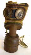 1930s French gas mask with lined canvas body and screw in filter canister with various dates