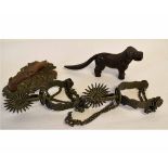 Pair of reproduction spurs, dog nutcracker and other metal ware