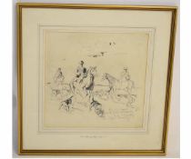 In the manner of Sir Alfred James Munnings (bears signature), pen and ink drawing, inscribed "On the