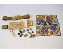 Mixed Lot: King's Royal Hussars bullion ware belt and gilt metal buckle, a First War trench art