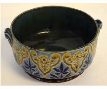 Doulton stoneware bowl with geometric blue and brown design with monogram MMR to base, 19cms diam