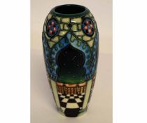 Modern cylindrical Moorcroft vase with tube lined design in so-called Jumeirah pattern, 18cms high