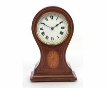 Early 20th century mahogany and boxwood line inlaid mantel timepiece, the waisted case with shaped