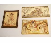 Three engraved and painted Indian mica panels, figurative studies, 7cms x 15cms, 9cms x 13cms and