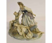 Large Lladro porcelain group of a pastoral scene featuring a boy and girl, the boy asleep on a