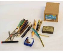 Box containing a large quantity of "The Utile Catalogue finders" and a tray of assorted vintage pens