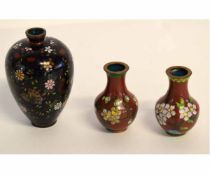 Group of three miniature Oriental cloisonne vases of baluster form including a pair, 6cms tall,