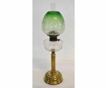 Late 19th century brass table lamp with green glass shade and a brass reeded column, the lamp and