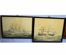 J E Cooper, signed two watercolours, Three-masted vessels at sea, 26 x 37cms and 30 x 38cms (2) 40-