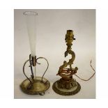 20th century French brass and onyx electric table light with scrolling detail, together with a