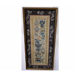 Good quality silk embroidered framed mandarin sleeve with decorative urn and floral detail, 28cms