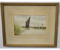 William Leslie Rackham, signed watercolour, Wherry on the Broads, 17 x 26cms 60-80