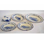 Royal Doulton Norfolk pattern wedge-shaped cheese dish and lid, base 15cms x 19cms, two-line blue