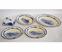 Royal Doulton Norfolk pattern wedge-shaped cheese dish and lid, base 15cms x 19cms, two-line blue