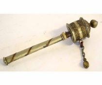 20th century Tibetan type scroll holder with metal handle and scroll, 20cms long