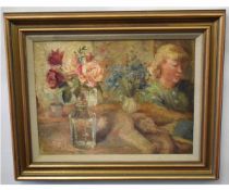 Trevor Owen Makinson, oil on panel, signed lower left, "Woman and flowers" 100-150