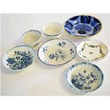 Collection of 18th century English porcelain teabowls and saucers together with a small Delft plate,