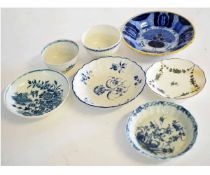 Collection of 18th century English porcelain teabowls and saucers together with a small Delft plate,