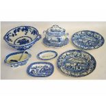 Group of Victorian Staffordshire blue and white wares including lidded sauce tureen, blue printed