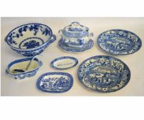 Group of Victorian Staffordshire blue and white wares including lidded sauce tureen, blue printed
