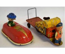 Vintage tin plate car and driver by Codeg, together with a further vintage wind-up tin plate model