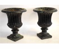 Pair of black painted Victorian cast iron garden urns, 40cms diam x 50cms tall 120-150