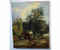 19th century English School oil on canvas, Woodland scene with figures, donkey etc, 45 x 36cms,