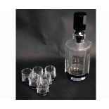 1930s French glass liqueur set, with a decanter with faceted body and a black stopper with six