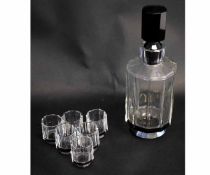 1930s French glass liqueur set, with a decanter with faceted body and a black stopper with six