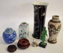 Mixed Lot: Oriental wares to include Japanese black ground cylinder vase with painted blossom tree