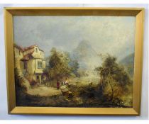 19th century oil on canvas, Figures before a house, Lakeland to distance, 36 x 60cms 150-200