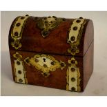 19th century walnut dome top two-sectional tea caddy with brass and ivory mounts, 18cms wide x 18cms