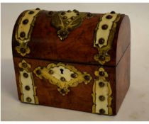 19th century walnut dome top two-sectional tea caddy with brass and ivory mounts, 18cms wide x 18cms