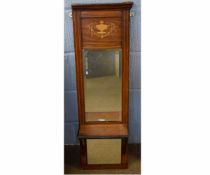 Edwardian mahogany and inlaid small pier mirror with inlaid urn detail with open shelf, 28cms wide x